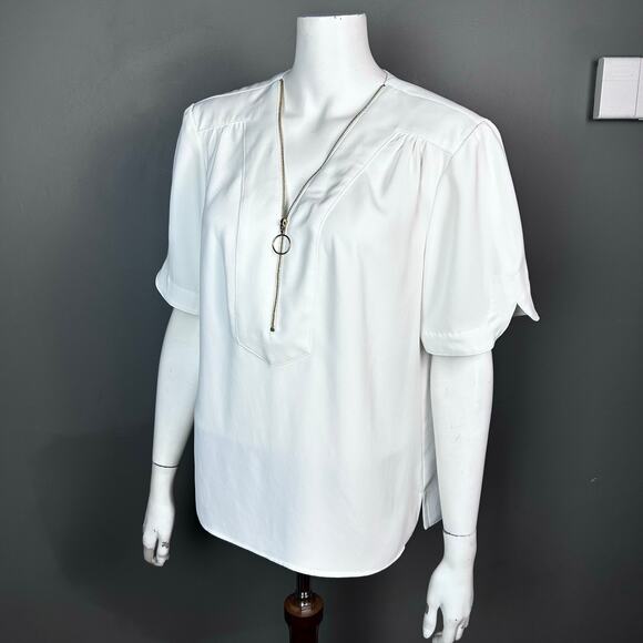 Trina Turk blouse top Large white short sleeve office summer coastal - Picture 7 of 9